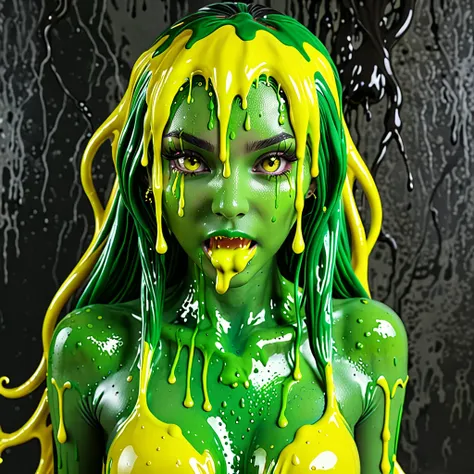 Slime, (monster girl), green slime with darker green, dripping with yellow ooze, clothed, masterpiece, best quality