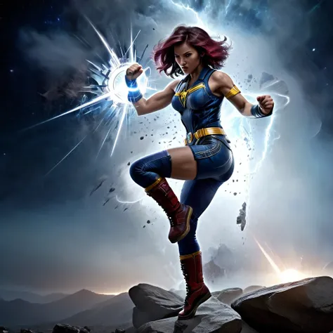 1girl, fist punching hit crushing a rock as nebula explosion, focus on the fist, iconic punch stance, combat action, bending knee, jump stance, dark moon, lightning and thunder, fog misty, highly detailed, 8k, photo realistic, masterpiece, epic realism