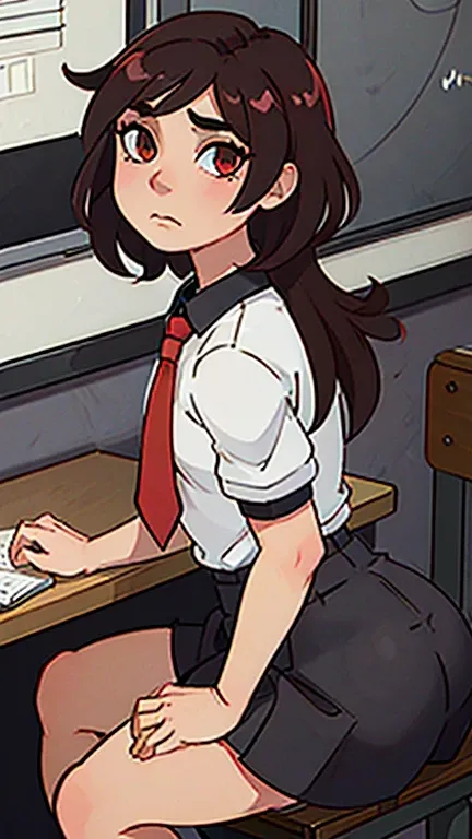 anime boy, crossdresser, 1boy, medium dark brown hair, red eyes, brown skin, wide hips, large buttocks, narrow waist and thick thighs, flustered, brushing, sitting over a table in the classroom, flat chest, short skirt, visible bulge, shirt, tie, dick