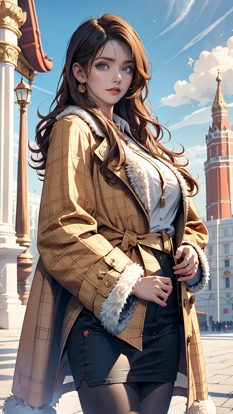 One girl, Check shirt, Fur coat, Kremlin Palace background, Outdoor, honeycomb,highest quality, Ultra-high resolution, Realistic,