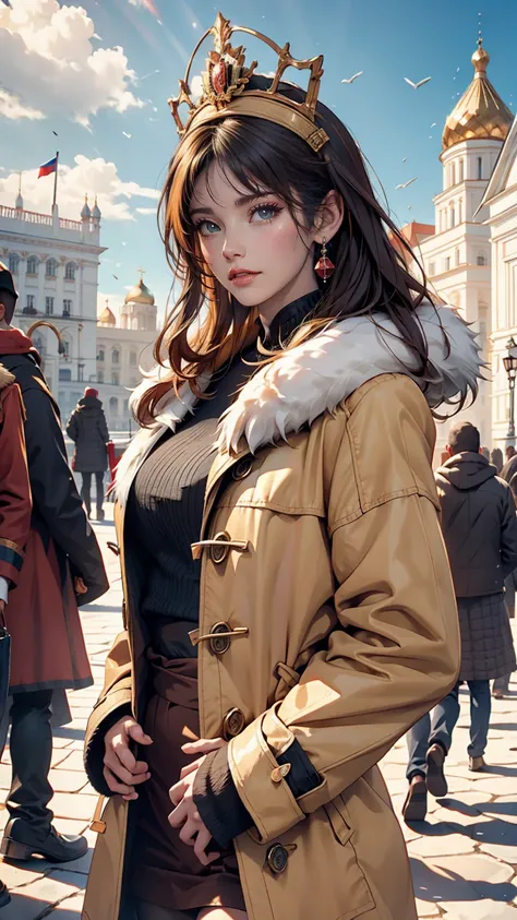 One girl, Check shirt, Fur coat, Kremlin Palace background, Outdoor, honeycomb,highest quality, Ultra-high resolution, Realistic,