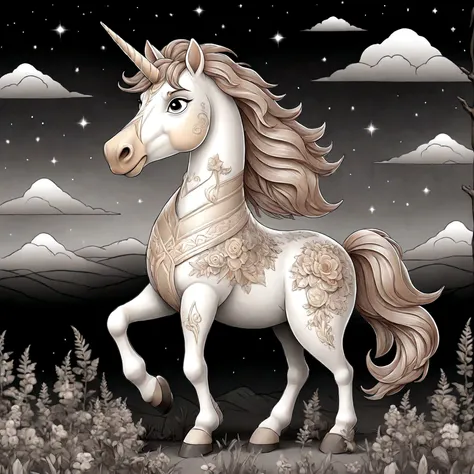 unicorn standing in the wood with big eyes. high quality black and white art coloring page. clean line thin art, sketch style, cartoon style, vector, only use outline. 8k hd ultra