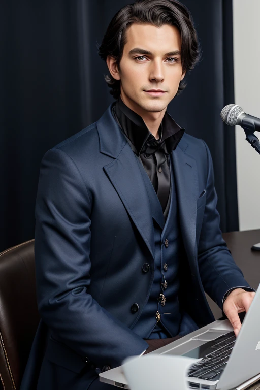 tmasterpiece, beste-Qualit, 1boy, aristocrat, professional portraite of a, upper-body, navy blue coat, professional hairstyle , black hair, smirk, Sits, brown pupils, white professional background, laptop and high quality mic with all equipmen doing podcas...