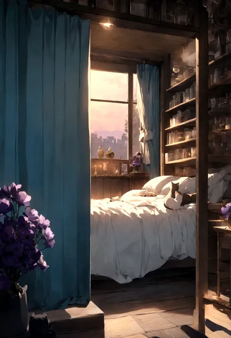 single room、White bed、There is a stuffed cat next to the bed.、Blue Curtain、Wooden shelf、Dried white and purple anemone flowers are displayed on the shelves.、evening