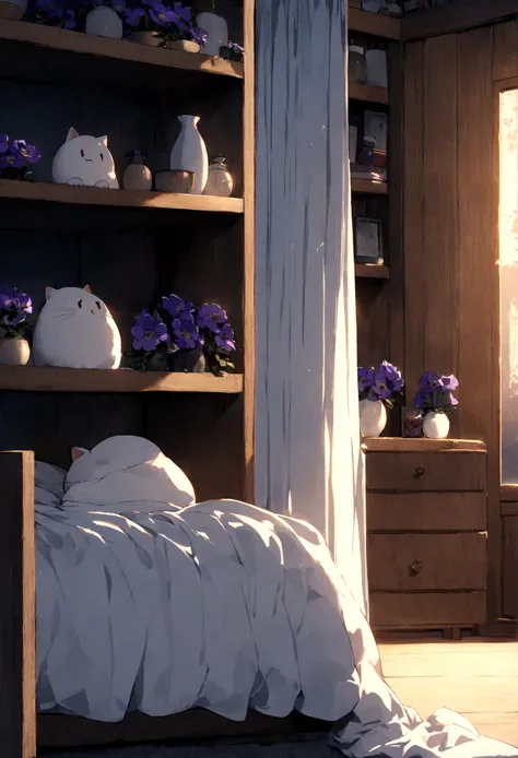 single room、White bed、There is a stuffed cat next to the bed.、Blue Curtain、Wooden shelf、Dried white and purple anemone flowers are displayed on the shelves.、evening