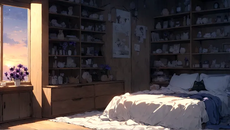 highest quality、Masterpiece、Bedroom Background、single room、White bed、There is a stuffed cat next to the bed.、Blue Curtain、Wooden shelf、Dried white and purple anemone flowers are displayed on the shelves.、evening