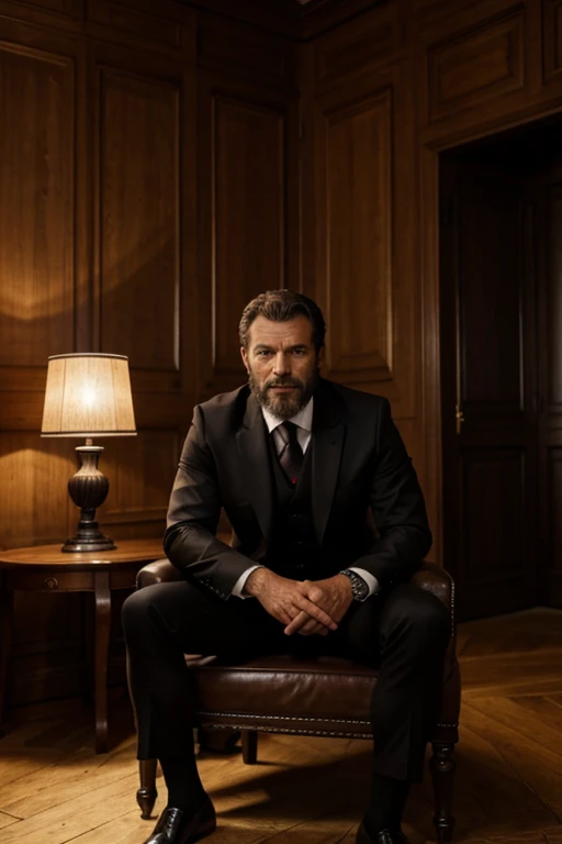 montre moi un homme, 50 ans, barbe grise, pretty black three piece suit, yeux verts, muscle, assis dans un grand et beau fauteuil en cuir. He is in a dark room and is lit by a lamp. Il est assis de face, derrière son grand bureau en bois noble. The image h...