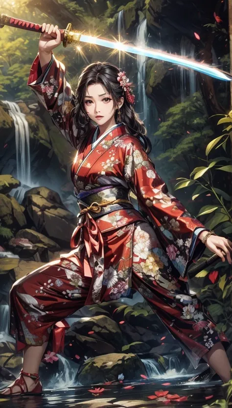 A vibrant floral pattern、Holding a Japanese sword high in his right hand、Open your arms to the left and right in a fighting stance、A tall cliff with a waterfall in the distant background、Beautiful woman、Japanese Beauty、Dense trees々Bushy、Sunlight creates st...