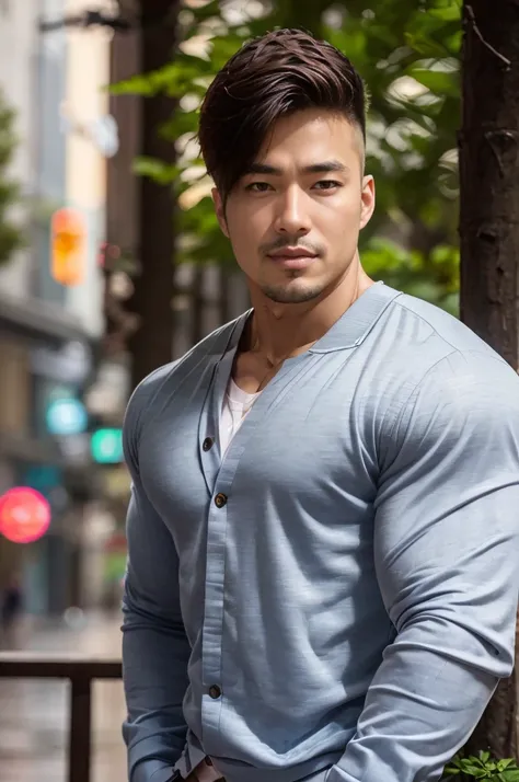 professional portrait photograph of a gorgeous asian man in winter clothing with long wavy blonde hair, sultry flirty look, gorgeous symmetrical face, wearing elegant warm winter fashion clothing, ((standing outside in snowy city street)), stunning modern ...