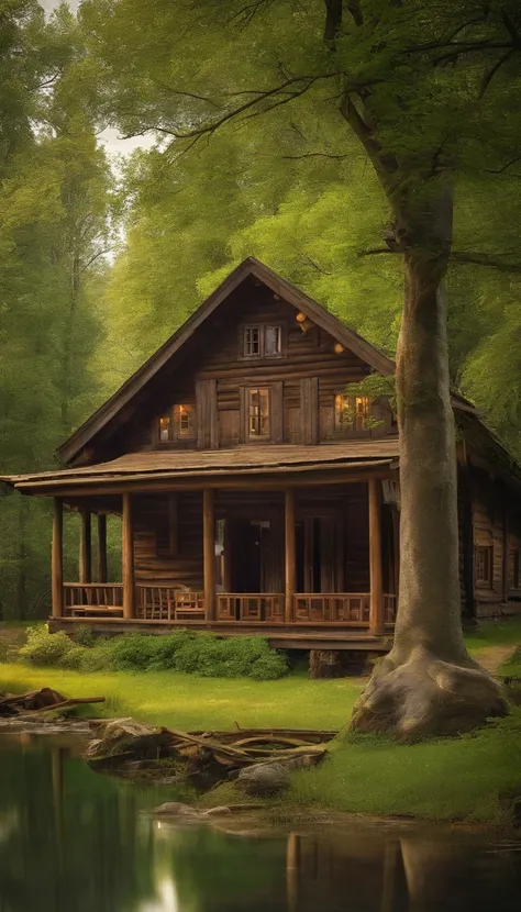 masterpiece, best quality, old wooden house with a small river on the left, trees in front of the house.