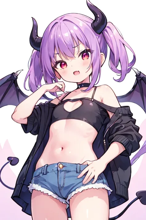 (best quality, masterpiece:1.2), illustrations, a cute girl, cute face, kawaii, early teens,
 1 devil girl,
 12-years-old, chibi,
 short twin tails, light purple hair, shiny hair,
 red eyes,
 flat chest,
 devil ears, demon tail, devil wings,
 tube top, nav...