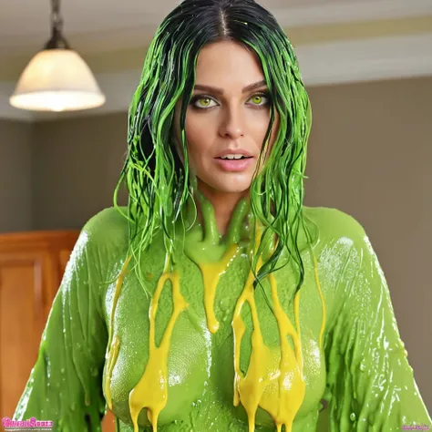 Slime, (monster girl), green slime with darker green, dripping with yellow ooze, clothed, masterpiece, best quality