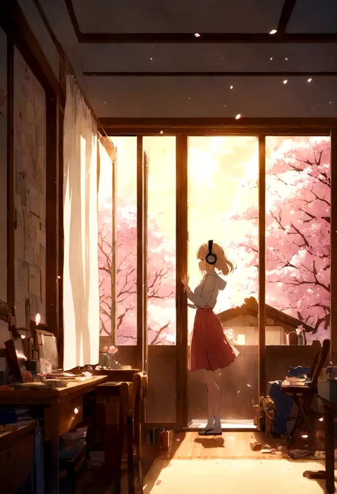 Beautiful girl studying in her room while listening to music on headphones、Warm lighting、Outside the room, Cherry blossoms are blooming、Japanese anime style