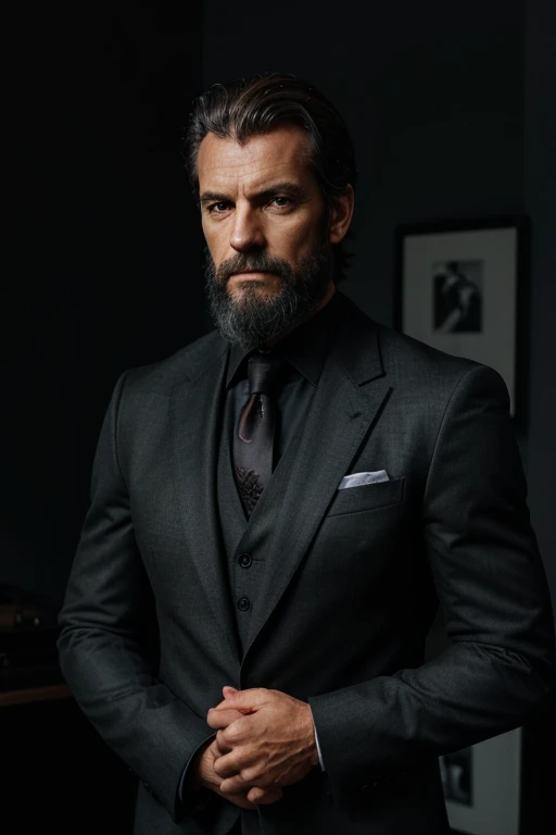 portrait homme, 50 ans, cheveux noirs et gris, barbe noire et grise, square jaw, black three piece suit, yeux verts, muscle, look at camera, dark room, lighting lamp, vielle maison