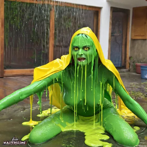 Slime, (monster girl), green slime with darker green, dripping with yellow ooze, clothed, masterpiece, best quality