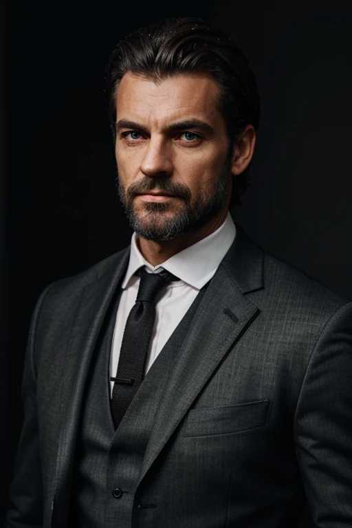 portrait homme, 50 ans, cheveux noirs et gris, barbe noire et grise, square jaw, black three piece suit, yeux verts, muscle, look at camera, dark room, lighting lamp, vielle maison