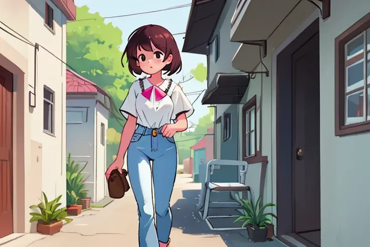 masterpiece, highest quality, Perfect body,Full face,1girl,solo,White blouse,Denim pants,Walking in a residential area