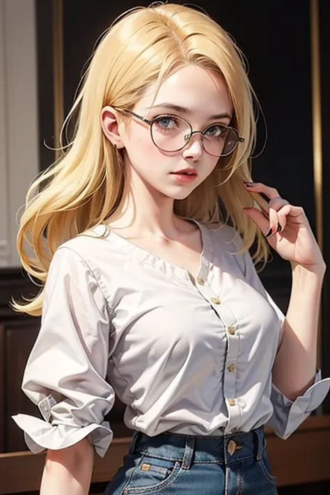 melissa shield, 1girl, solo, long hair, looking at viewe blond hair and white shirt,glasses,yellow hair ,blue eyes 