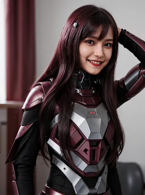 armoured girl, realistic, long hair, maroon black robotics, smile,