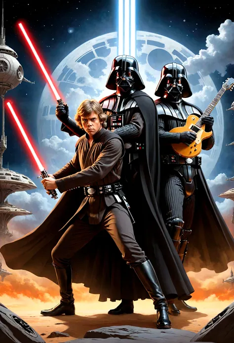 Star Wars rock opera, Luke Skywalker and Darth Vader are dueling using guitars. emotional, powerful, dramatic, dueling power ballads, Bespin Cloud City
