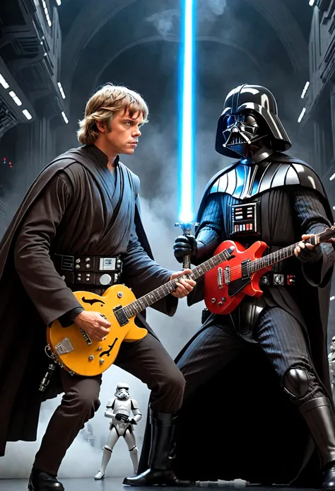 Star Wars rock opera, Luke Skywalker and Darth Vader are dueling using guitars. emotional, powerful, dramatic, dueling power ballads, Bespin Cloud City
