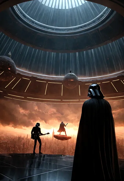 a dramatic battle between Luke Skywalker and Darth Vader, playing powerful, emotional guitar dueling power ballads in the Cloud City of Bespin, cinematic, epic, highly detailed, masterpiece, dynamic lighting, volumetric fog, dramatic shadows, intense color...