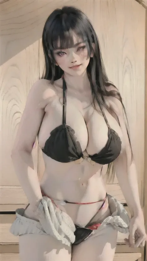 1girl, bangs, black hair, blunt bangs, cleavage, cowboy shot, huge breasts, lips, long hair, looking at viewer, midriff, navel, nyotengu, purple eyes, smile, solo, (masterpiece:1.4), (best quality:1.4), upper body, sexy mini bikini, 