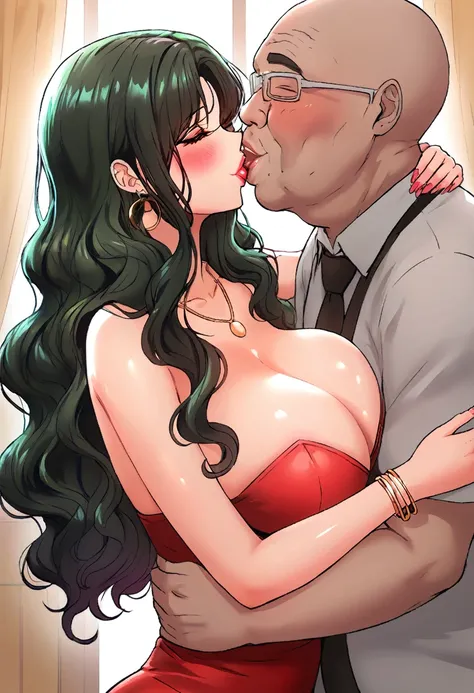  hot beautiful yu hee passionate kiss with fat ugly old man while hugging him,long wavy hair, green hair, glowing big hoops earrings, necklace, bracelet, lipstick,red strapless dress, cleavage,big rounded breasts, 