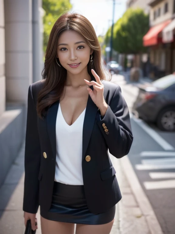 An Asian woman in her fifties taking a photo wearing a black blazer and black shorts, Girl in suit, Décolletage, Girl in suit, Cleavage, Wearing a blazer, Wearing a business suit, Shirtless jacket, 黒いWearing a blazerいる, Wearing a business suit, Attractive ...