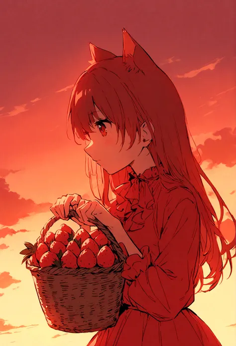 an anime girl with cat ears holding a basket of strawberries, red theme, sunset, wallpaper, mobile wallpeper