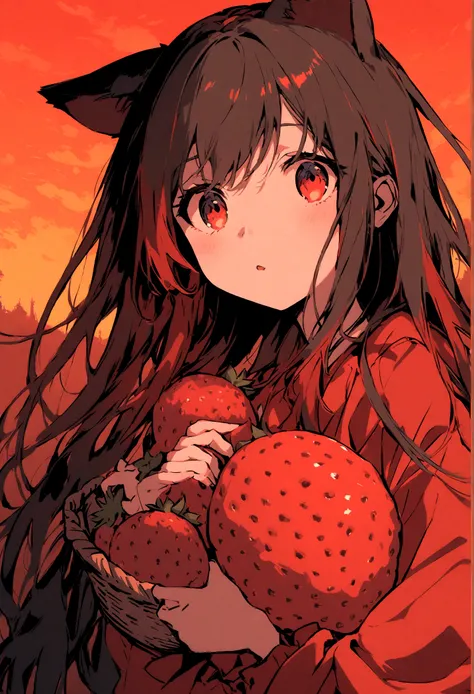 an anime girl with cat ears holding a basket of strawberries, red theme, sunset, wallpaper, mobile wallpeper