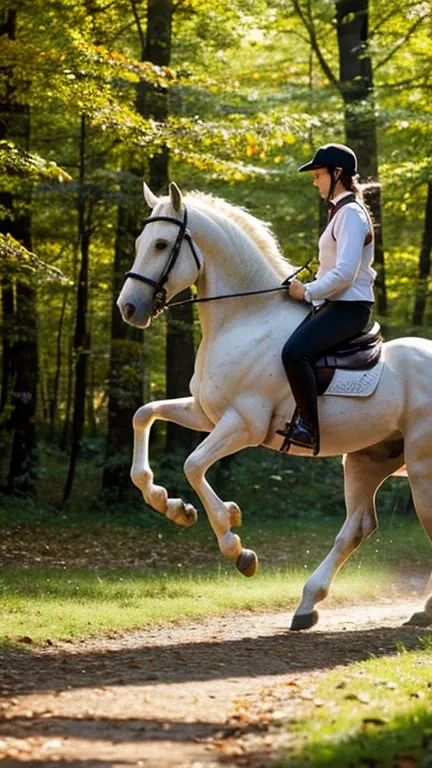 The image captures a moment of pure elegance and freedom. A majestic white horse, adorned with a black bridle, is captured mid-gallop on a path that meanders through a forest. The horses muscles are taut, showcasing the power and grace inherent in its ever...