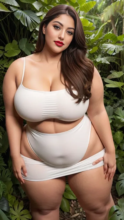 Madhubala an Indian sexy curvy plus size body beautiful actress in a sexy and short white bodycon dress and red lipstick posing for a picture in a tropical garden for photoshoot, camera front facing, smilling face, head to toe view, full body shot, hourgla...