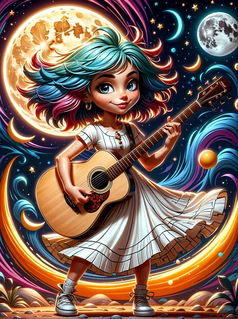 A cartoon doodle character，Vector illustration，1girl，solo，the guitar player，With brightly colored hair，Girl dancing gracefully in a white long dress，In the surreal and dreamy sky，She stood on a crescent moon，Keeping Balance While Playing Guitar，Rendering s...