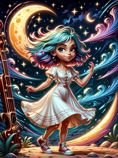 A cartoon doodle character，Vector illustration，1girl，solo，the guitar player，With brightly colored hair，Girl dancing gracefully in a white long dress，In the surreal and dreamy sky，She stood on a crescent moon，Keeping Balance While Playing Guitar，Rendering s...