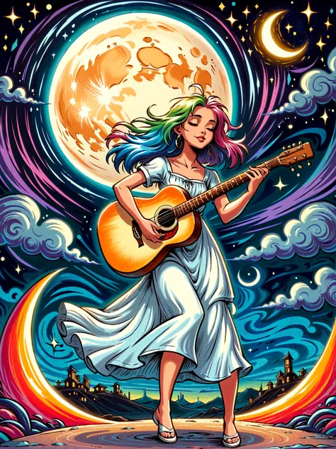 A cartoon doodle character，Vector illustration，1girl，solo，the guitar player，With brightly colored hair，Girl dancing gracefully in a white long dress，In the surreal and dreamy sky，She stood on a crescent moon，Keeping Balance While Playing Guitar，Rendering s...