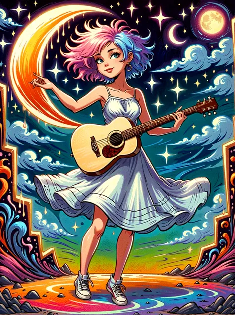 A cartoon doodle character，Vector illustration，1girl，solo，the guitar player，With brightly colored hair，Girl dancing gracefully in a white long dress，In the surreal and dreamy sky，She stood on a crescent moon，Keeping Balance While Playing Guitar，Rendering s...