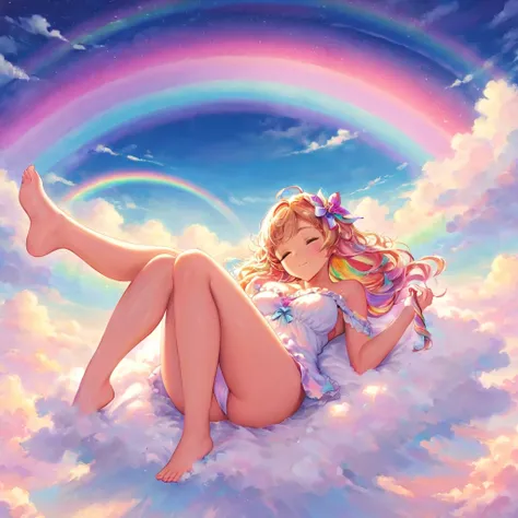 A stunningly ethereal woman, composed of a dazzling array of rainbow hues, reclines gracefully at the end of a radiant rainbow amidst the fluffy clouds in the sky. Bathed in dynamic and enchanting lighting, accentuates her vibrant, full-bodied form. Fantas...