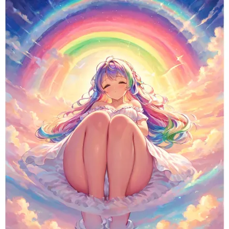 A stunningly ethereal woman, composed of a dazzling array of rainbow hues, reclines gracefully at the end of a radiant rainbow amidst the fluffy clouds in the sky. Bathed in dynamic and enchanting lighting, accentuates her vibrant, full-bodied form. Fantas...