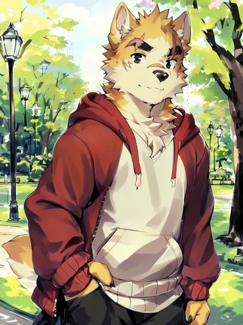 copperrtf, dog boy, masterpiece, best quality, absurd res, by kiyosan, by null-ghost, furry, male, solo, hoodie, pants, black pupils, black eyes, thick eyebrows, two tone fur, scar on eye, looking at viewer, detailed background, park