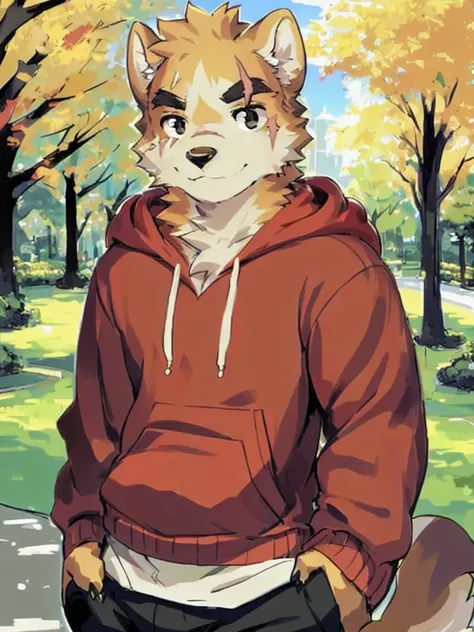 copperrtf, dog boy, masterpiece, best quality, absurd res, by kiyosan, by null-ghost, furry, male, solo, hoodie, pants, black pupils, black eyes, thick eyebrows, two tone fur, scar on eye, looking at viewer, detailed background, park