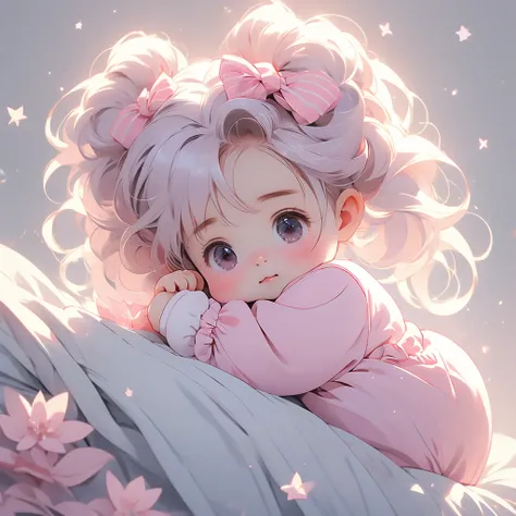 (pastel:1.2)、(Chibi Girl:1.2)、Esbian all over、Long twin tails、Bow and Bow、Sleepy but not sleeping eyes、border pajamas、Funny pose、Humming、Laughter、fluffy、Vertical striped background、Baby pink gradation