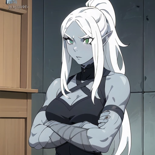 ((mejor calidad)), ((obra maestra)), (detallado), (anatomically correct), (Cuerpo perfecto), 1drow, solo, mujer, sexy, grey skin, white hair, ponytail, pointy ears, green eyes, crossed arms, anime screencap