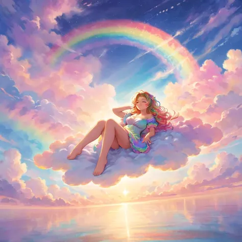 a stunningly ethereal woman, composed of a dazzling array of rainbow hues, reclines gracefully at the end of a radiant rainbow a...