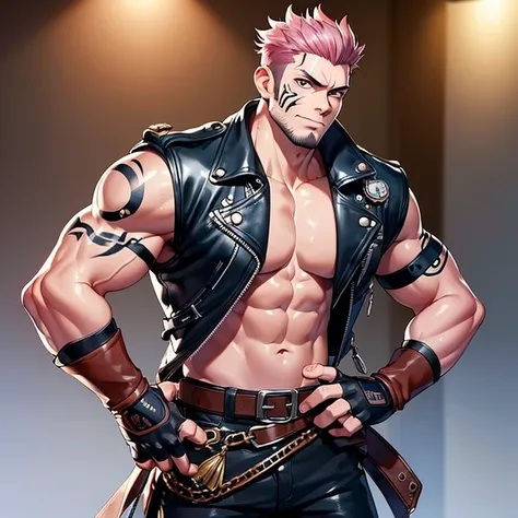 (masterpiece, best quality:1.2), cowboy shot, 1boy, sukuna, leather fingerless gloves, tattoo_on_his_face, manly, full body, biker, pink hair, intricate details, utra detailed, black leather, muscular mature male, eye focus, biker jacket, anatomically corr...