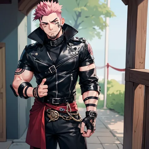 (masterpiece, best quality:1.2), cowboy shot, 1boy, sukuna, leather fingerless gloves, tattoo_on_his_face, manly, full body, biker, pink hair, intricate details, utra detailed, black leather, muscular mature male, eye focus, biker jacket, anatomically corr...