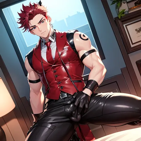 (masterpiece, best quality: 1.2), Solo, nsfw, male focus, 1boy, sukuna, tattoo_On_his_face, male, full bodyesbian, Red Leather jacket, Black Leather shirt, Leather pants, red Leather waistcoat, red Leather tie, Leather Gloves, Bulging muscles, A pink-haire...