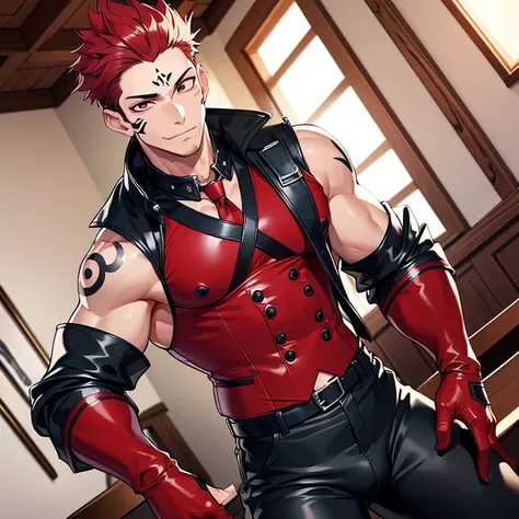 (masterpiece, best quality: 1.2), Solo, nsfw, male focus, 1boy, sukuna, tattoo_On_his_face, male, full bodyesbian, Red Leather jacket, Black Leather shirt, Leather pants, red Leather waistcoat, red Leather tie, Leather Gloves, Bulging muscles, A pink-haire...