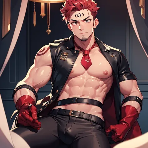 (masterpiece, best quality: 1.2), Solo, nsfw, male focus, 1boy, sukuna, tattoo_On_his_face, male, full bodyesbian, Red Leather jacket, Black Leather shirt, Leather pants, red Leather waistcoat, red Leather tie, Leather Gloves, Bulging muscles, A pink-haire...