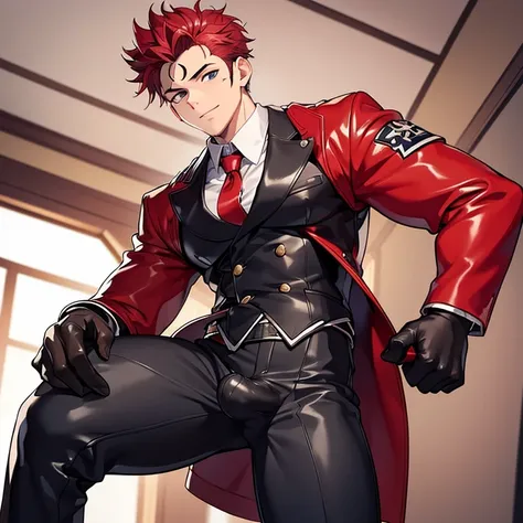 (masterpiece, best quality: 1.2), Solo, nsfw, male focus, 1boy, sukuna, tattoo_On_his_face, male, full bodyesbian, Red Leather jacket, Black Leather shirt, Leather pants, red Leather waistcoat, red Leather tie, Leather Gloves, Bulging muscles, A pink-haire...